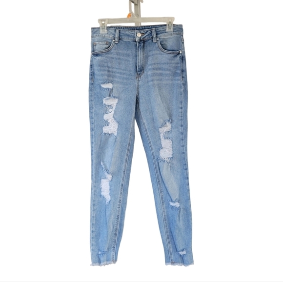 TINSELTOWN Distressed Hi-Rise Mom Jeans Acid Medium Wash Juniors 7/28 - Picture 1 of 11